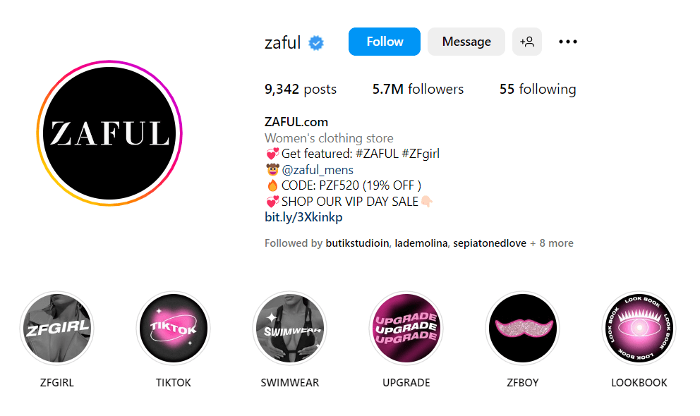 A screenshot of Zaful's Instagram bio and Highlights that represent the brand, relevant categories, keywords, and mission.