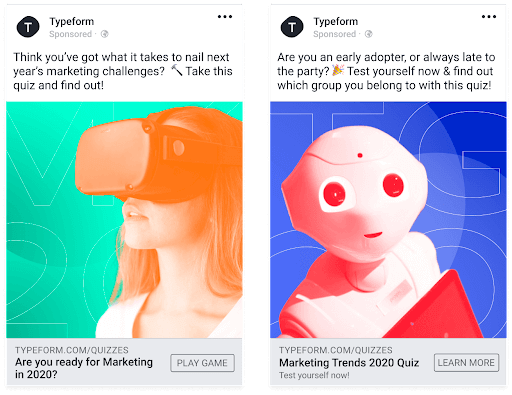 Two examples of Typeform's sponsored posts that include an invitation to complete a quiz
