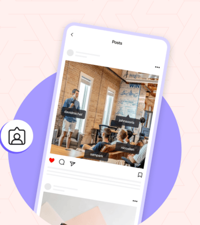 A graphic showing Instagram Feed post with tagged accounts on the image.