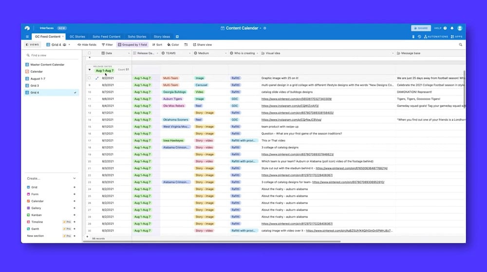 Airtable social media content calendar preview