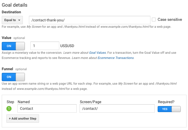 Setting up Goal details in Google Analytics