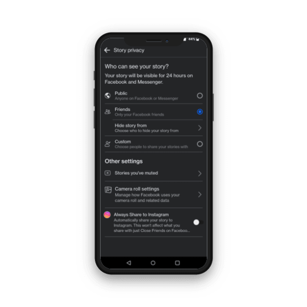 Facebook story settings screenshot